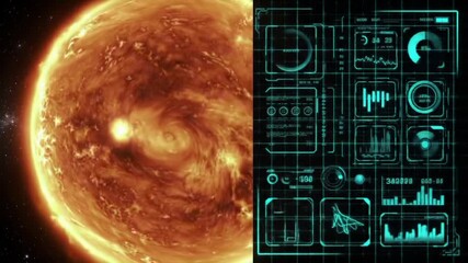 A digital interface overlaying a planet surface. Chart, data, and geometric shapes are integrated into a futuristic sci-fi design against a dark cosmic backdrop. - Powered by Adobe