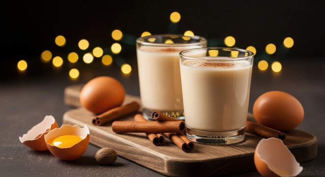 Homemade eggnog with cinnamon and nutmeg for christmas holiday celebration season