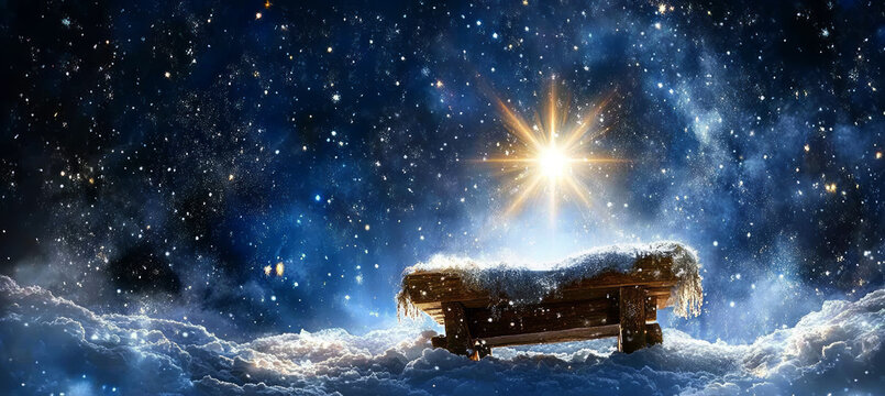 star shines brightly in the night sky over an old wooden manger,