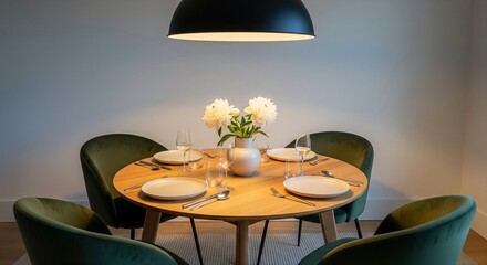 An eye-level shot reveals a modern dining area meticulously arranged for an intimate dinner. A round light-wood dining table is set with four place settings, each featuring a cream-colored plate,