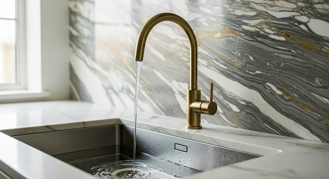 A close-up, photorealistic shot of a luxurious modern kitchen sink area. A sleek, gooseneck faucet in a brushed brass finish pours water into an undermount stainless steel sink, creating ripples. The