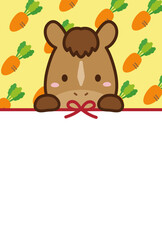 午年のかわいい馬の年賀状、水引と人参の背景