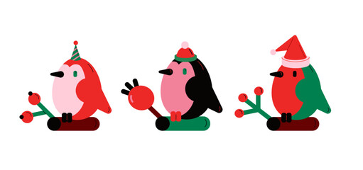 Cute Festive Birds with Berries and Hats. Christmas & New Year Vector Illustration. Adorable Holiday penguin in Funny Hats with Winter Berries, Christmas Vector Set. Christmas & New Year Cute Bird. 