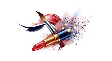 A bold red lipstick paired with a brush amidst swirling pigments symbolizing the art of