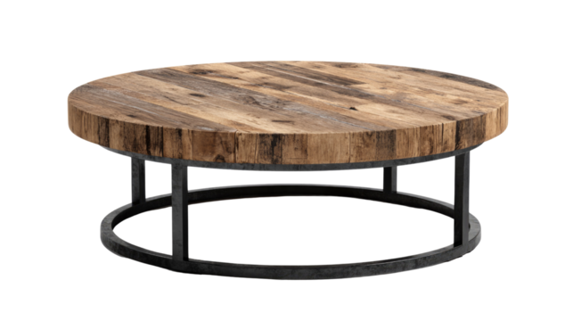 Round rustic coffee table featuring a thick distressed wooden plank top and a dark industrial-style metal frame, isolated on black. background removed