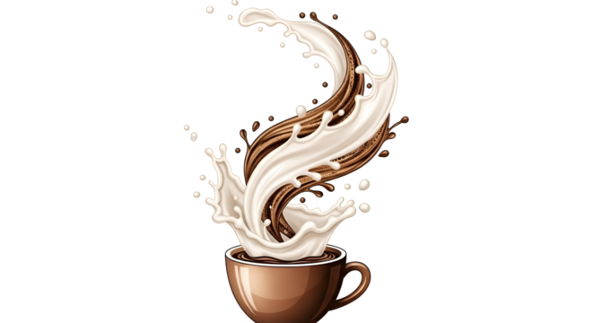A delightful dance of milk and coffee rising from a warm cup a swirling splash on a clean black - Powered by Adobe