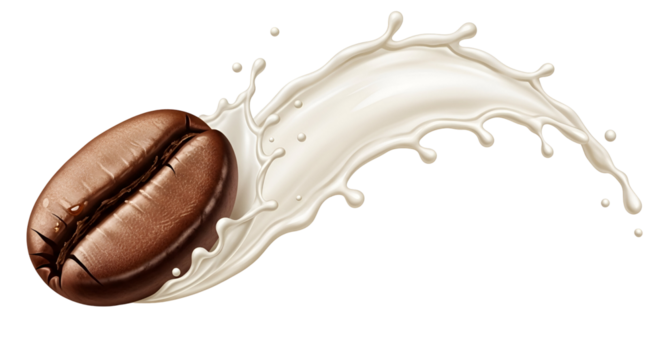 A single coffee bean being splashed by fresh milky wave against a dark background with studio