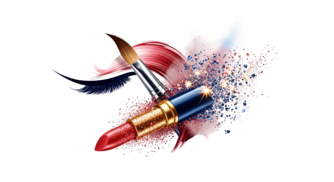 A bold red lipstick paired with a brush amidst swirling pigments symbolizing the art of