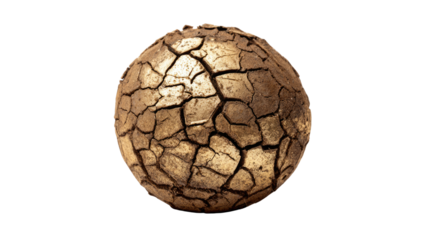 A sphere of cracked, dry earth texture isolated on black. It represents drought, decay, and environmental fragility, resembling a parched planet. background removed