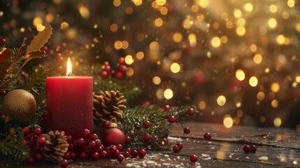 Cozy christmas atmosphere on a wooden table with candle, pine cones, and holiday decorations
