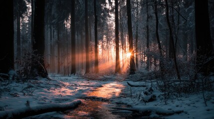 Obraz premium Snowy, icy path in a dark forest with light streaming through the trees in the distance