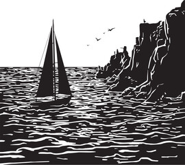 Ocean Shore Boat Vector Landscape