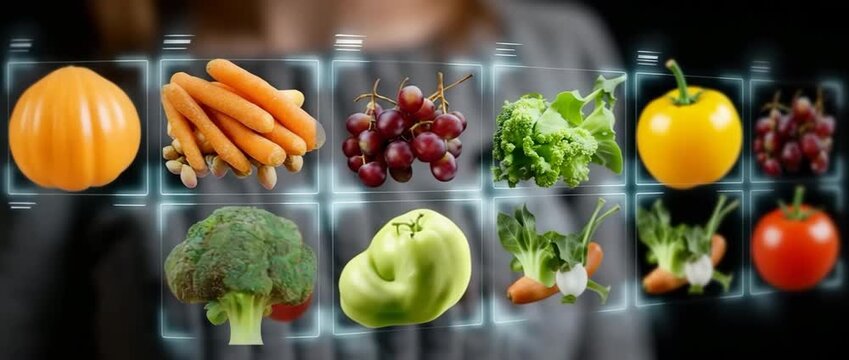 A woman selecting a nutritious meal selection on a virtual screen promoting the idea of balanced nutrition, video