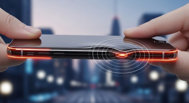 Futuristic Smartphone with Glowing Edges and Digital Waves