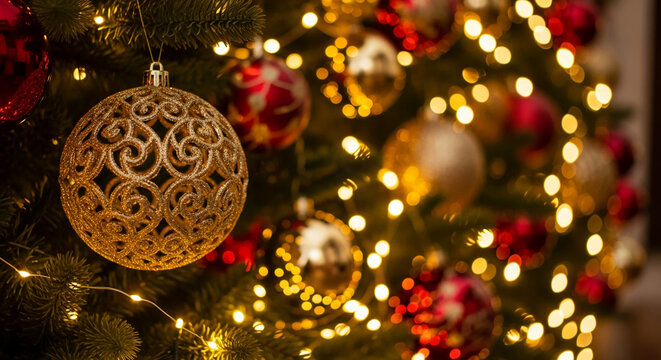 Image of golden ornament, red bauble and light string on fir tree, representing celebration of season, holiday spirit, festive mood and decoration
