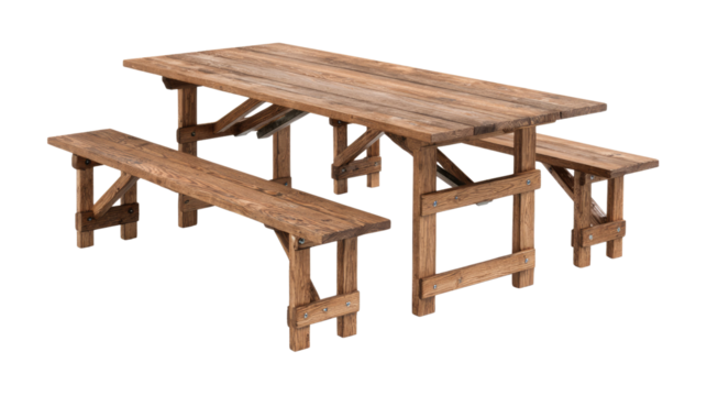 A rustic, weathered wooden picnic table with attached benches, ideal for outdoor gatherings. Isolated on a transparent background. background removed