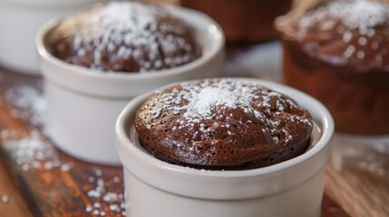Chocolate soufflés in white ramekins, dusted with powdered sugar, placed on a wooden surface. A delicious dessert for special occasions.