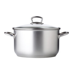 A shiny, modern stainless steel cooking pot with a clear glass lid and sturdy side handles, isolated on a stark transparent background. background removed