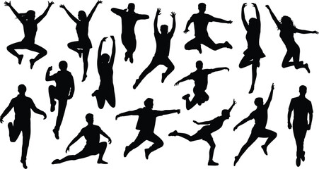 Jumping and dancing silhouette vector set, expressive human poses in motion, black figure illustration, dynamic movement, artistic body gesture design