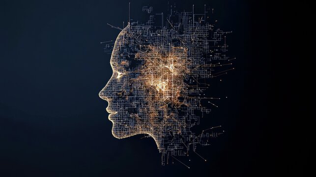 A digital representation of a human head in profile, constructed from intricate glowing lines and nodes against a dark backdrop. - Powered by Adobe