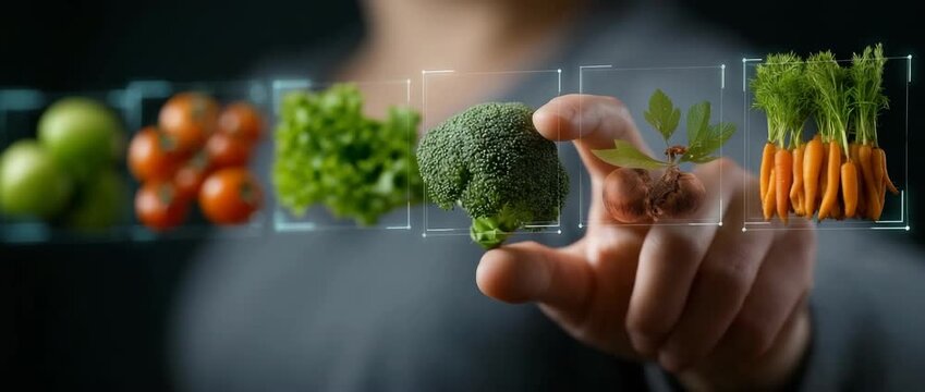 A woman selecting a nutritious meal selection on a virtual screen promoting the idea of balanced nutrition, video