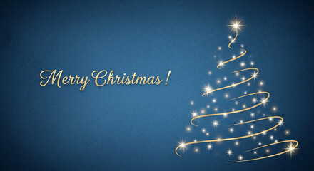 Elegant blue background with golden Christmas tree and the inscription Merry Christmas, which represents holiday season and festive mood, with free space