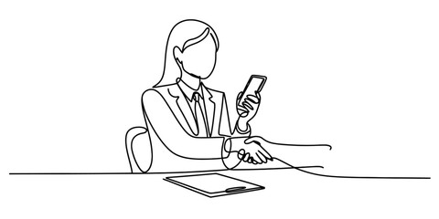 Businesswoman in continuous line art illustration, shaking hands during a professional agreement, holding a smartphone with paperwork Vector, illustration