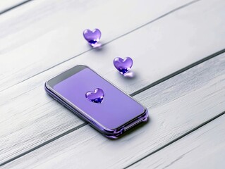 A purple smartphone displays a heart icon on its screen, with two small purple heart decorations nearby, set against a white wooden surface.