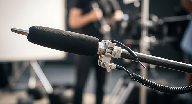 Professional boom microphone with windjammer on film set