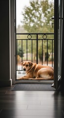 Dog resting by open door with balcony view.