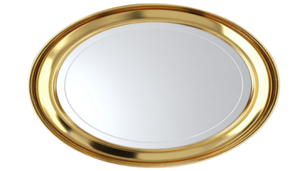 Elegant round gold frame with a polished white interior, ideal as a decorative plate, blank badge, mirror, or serving tray. background removed