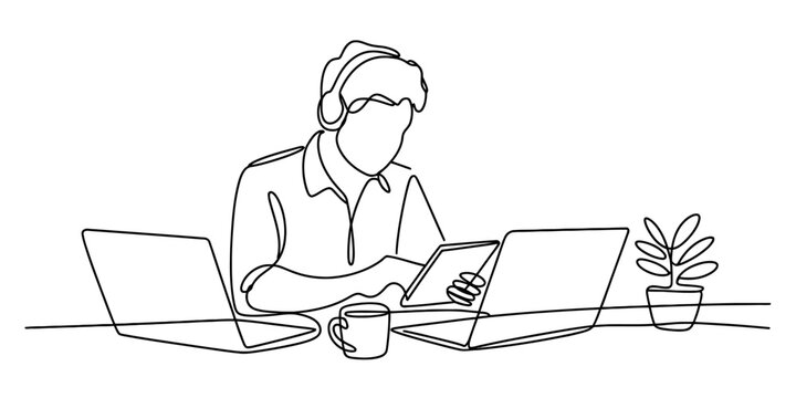 Continuous line art of a person with headphones, working diligently on laptops and a tablet, symbolizing remote work, digital productivity and focus
