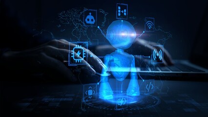 Futuristic AI Robot Hologram Concept with Digital Elements and Blue Technology Background