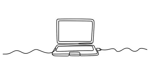 One continuous line art drawing of modern laptop computer with abstract internet connection cable symbolizing global communication and digital workflow