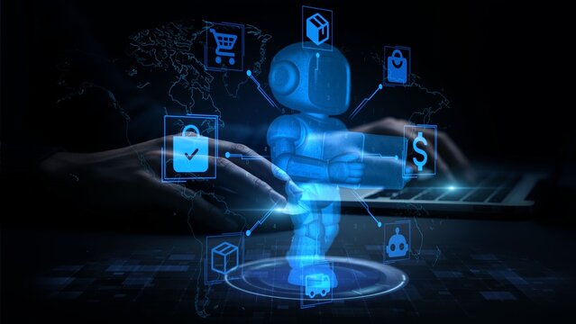 Futuristic AI Robot Engaging in Global E-Commerce Technology Concept
