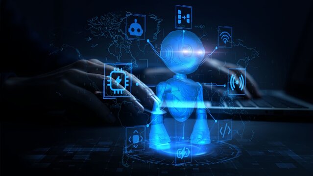 Futuristic AI Robot Hologram Concept with Digital Elements and Blue Technology Background