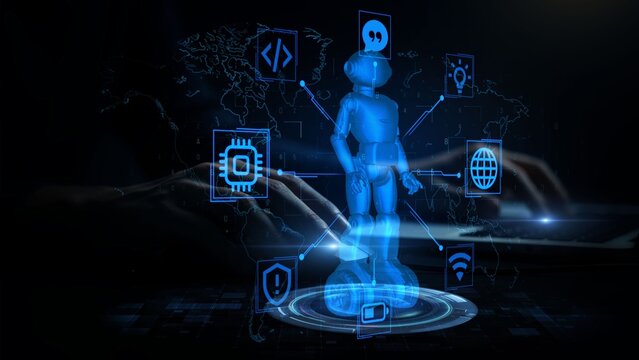 Futuristic AI Robot with Global Communication and Technology Concept