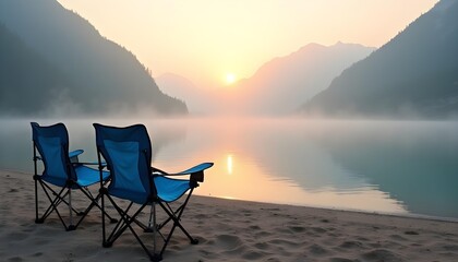 Two blue chairs on a beach facing a misty lake and mountains.