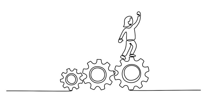 Continuous line drawing of a determined person standing triumphantly on a large interconnected gear, symbolizing business progress, system, and achievement
