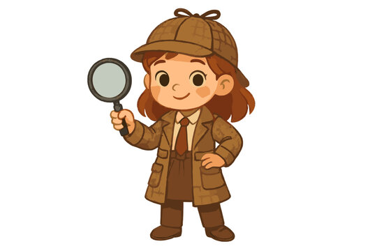 Cute little girl detective holding magnifying glass and wearing plaid deerstalker hat