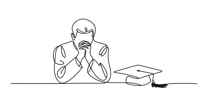 Continuous line drawing of a thoughtful graduate student contemplating academic future and post-graduation career challenges and opportunities.