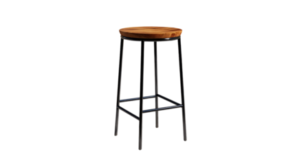 A stylish bar stool featuring a round wooden seat and a sleek black metal frame, perfect for modern kitchen islands or bars. background removed