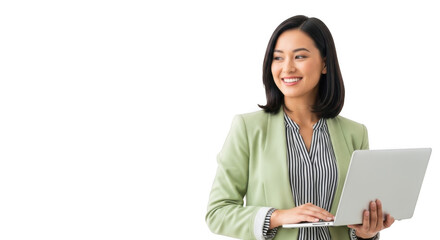 Smiling businesswoman holding a laptop isolated on transparent background
