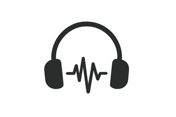 Simple black icon depicting headphones and an audio sound wave equalizer line