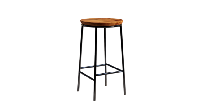 A stylish bar stool featuring a round wooden seat and a sleek black metal frame, perfect for modern kitchen islands or bars. background removed