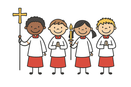 Diverse group of smiling children serving as altar servers holding a cross and candle