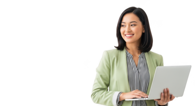 Smiling businesswoman holding a laptop isolated on transparent background