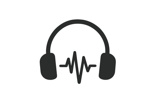 Simple black icon depicting headphones and an audio sound wave equalizer line
