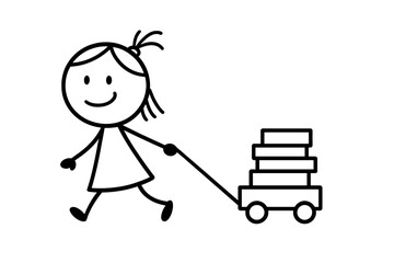 Stick figure girl pulling a small wagon loaded with stacked books or boxes © icon_art