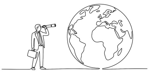 Continuous line art: businessman with telescope examining globe, symbolizing global strategy, future vision, market exploration.